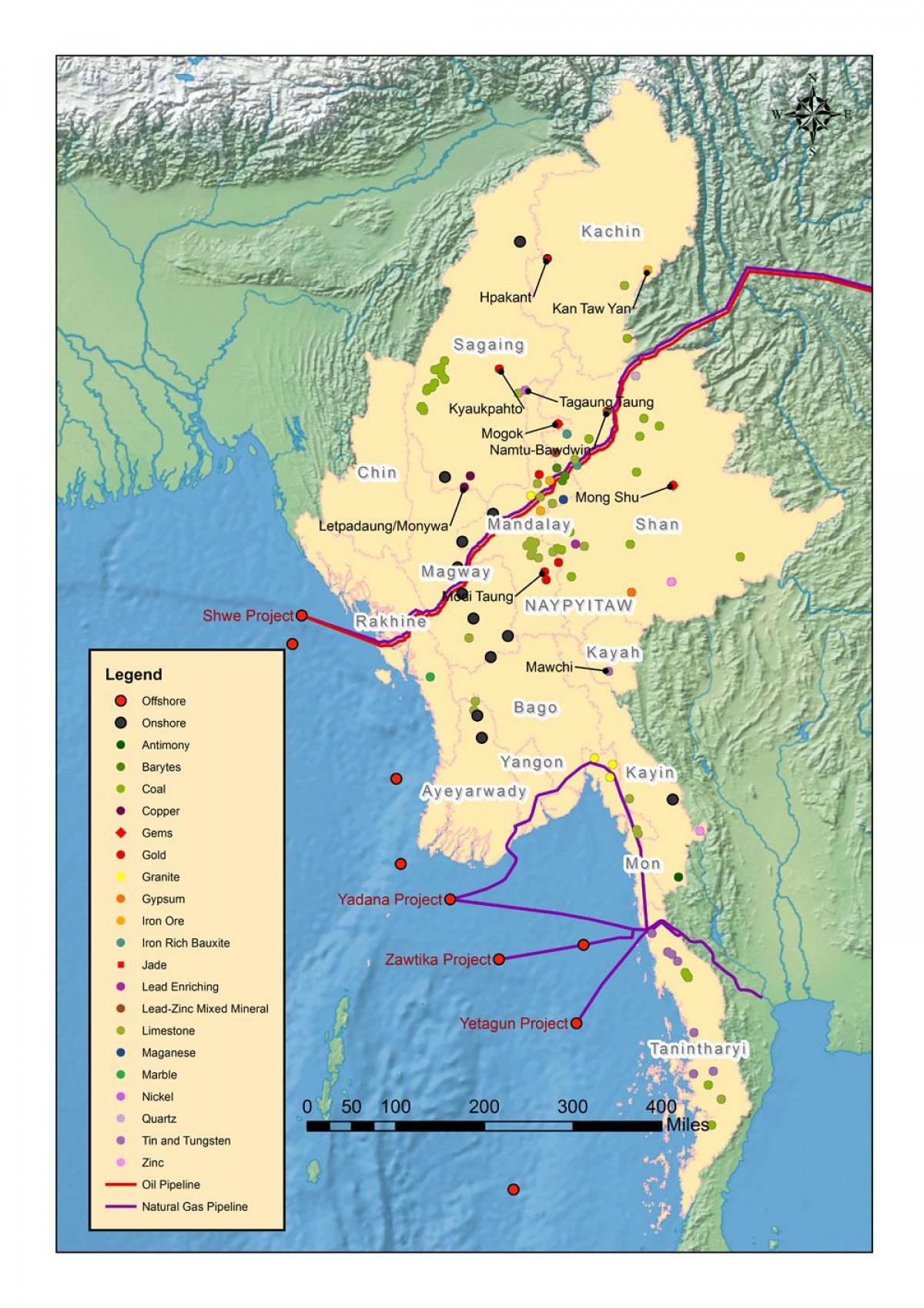 Mappa del Myanmar risorse naturali