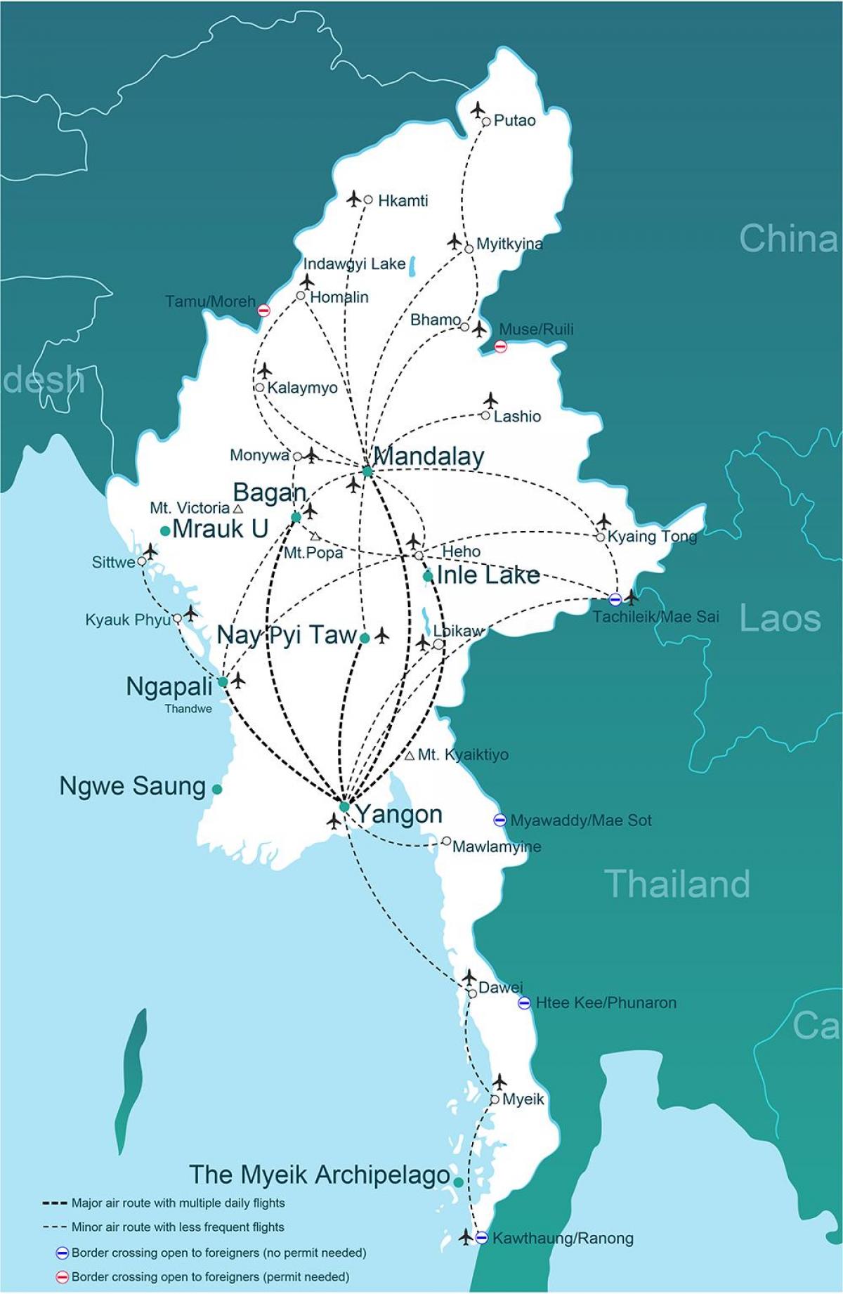 Myanmar mappa aeroporti Birmania aeroporti mappa (Sud-Est Asiatico - Asia)