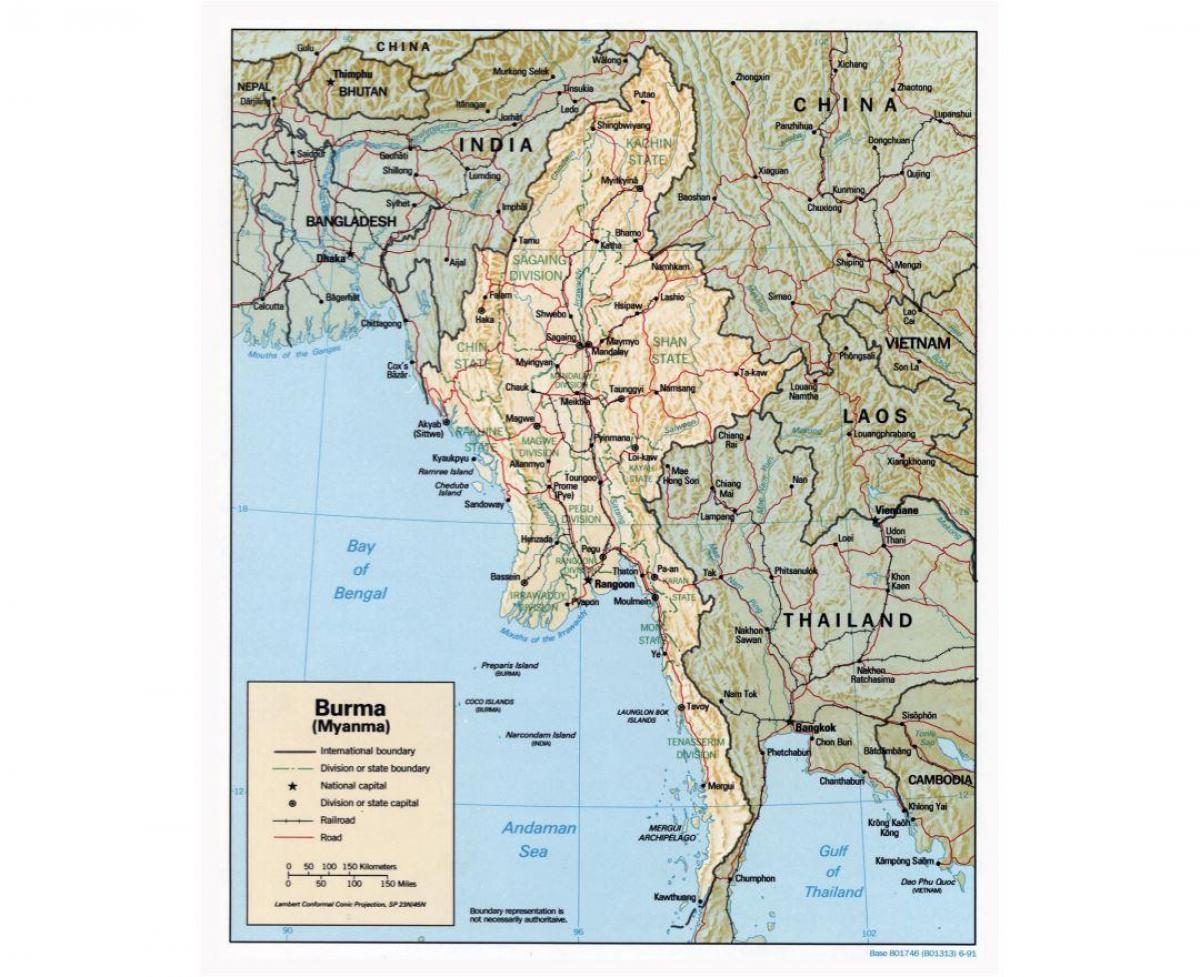 mappa del Myanmar, con città