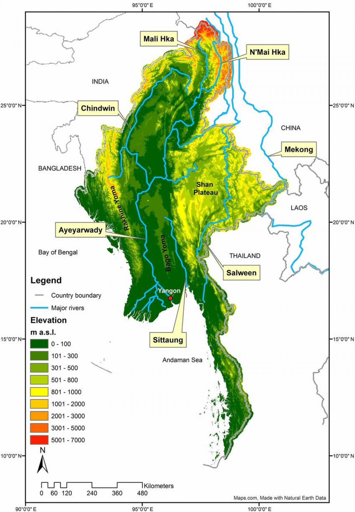 Mappa del Myanmar fisico